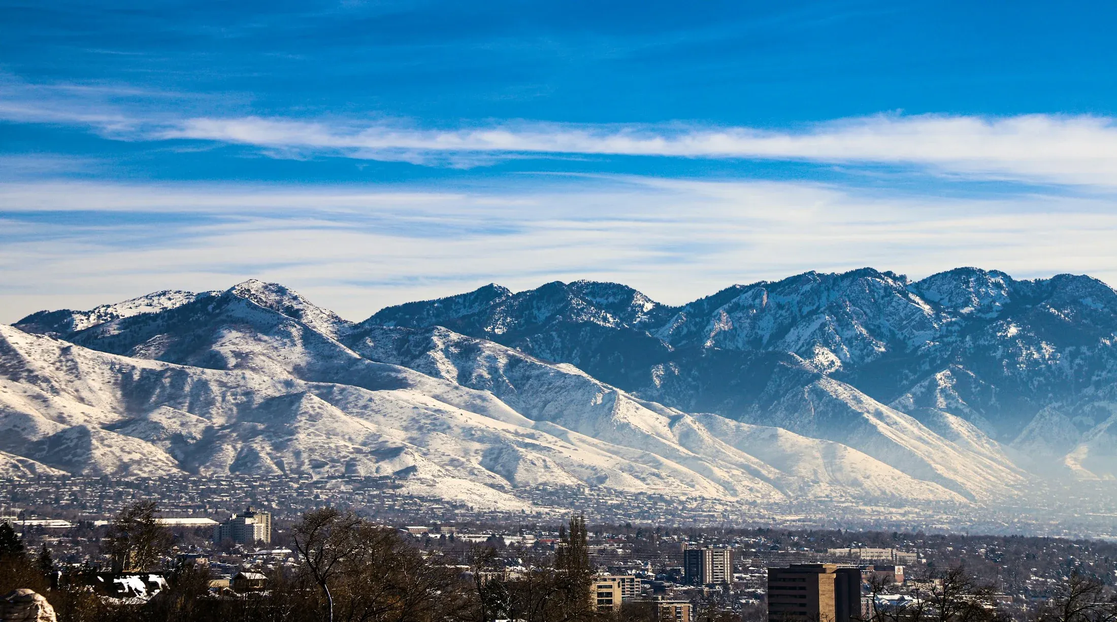 A view across the Salt Lake Valley toward the Wasatch mountains in winter